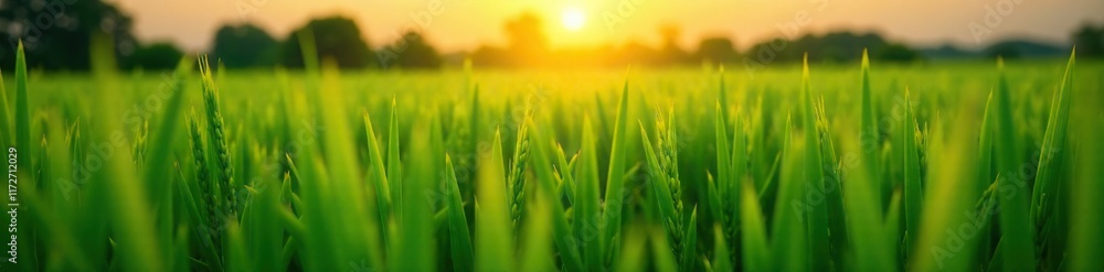 Obraz premium Green rice plants growing in a field at sunrise, sunlight, agricultural, growth
