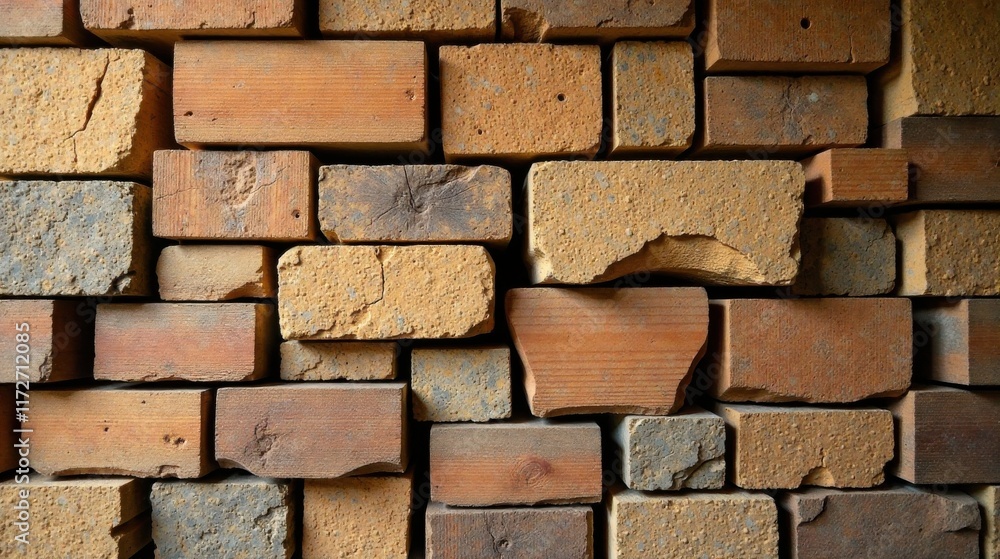 Fototapeta premium A Stack of Rustic Reclaimed Bricks with Varied Textures and Hues