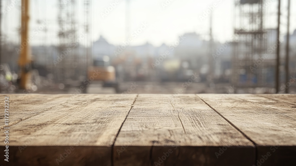 Empty Wooden Table with Construction Site in the Background Empty Wooden Table with Construction Site in the Background