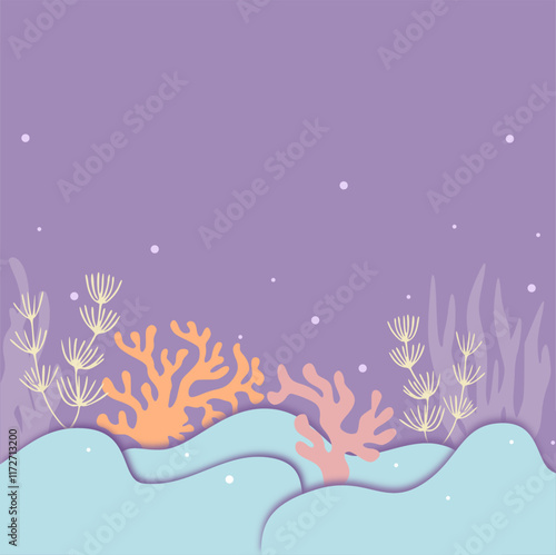Underwater scene with colorful coral reefs and fish. Cartoon style. Bright blue background. Concept of marine life. Vector illustration