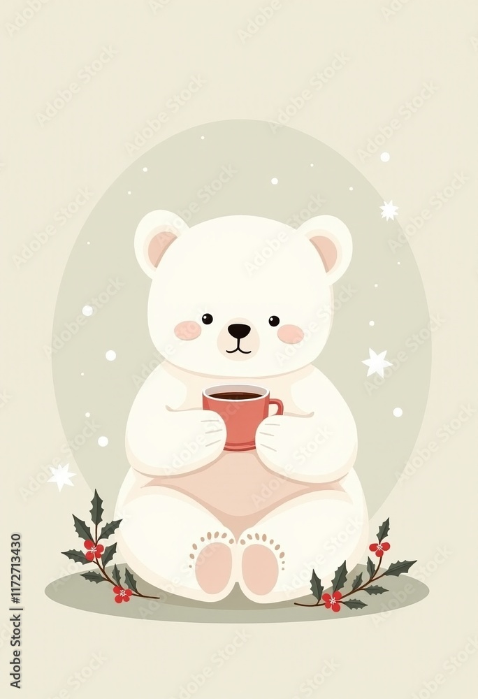 Charming Minimalistic Vector Art of a Cute White Bear Enjoying Coffee Amidst Holly and Mistletoe in Soft Pastel Shades, Perfect for Holiday Decor and Seasonal Celebrations Charming Minimalistic Vector Art of a Cute White Bear Enjoying Coffee Amidst Holly and Mistletoe in Soft Pastel Shades, Perfect for Holiday Decor and Seasonal Celebrations