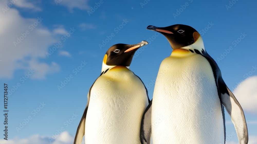 Fototapeta premium Two Emperor Penguins Against a Bright Blue Sky