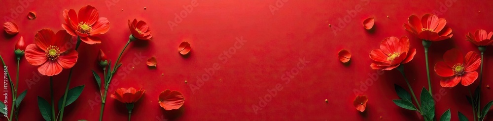 Red cempasuchil flowers scattered on a red background, decoration, autumn flowers, flower vases Red cempasuchil flowers scattered on a red background, decoration, autumn flowers, flower vases