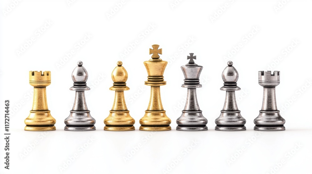 Elegant Collection of Metallic Chess Pieces in Gold and Silver Tones on White Background Elegant Collection of Metallic Chess Pieces in Gold and Silver Tones on White Background