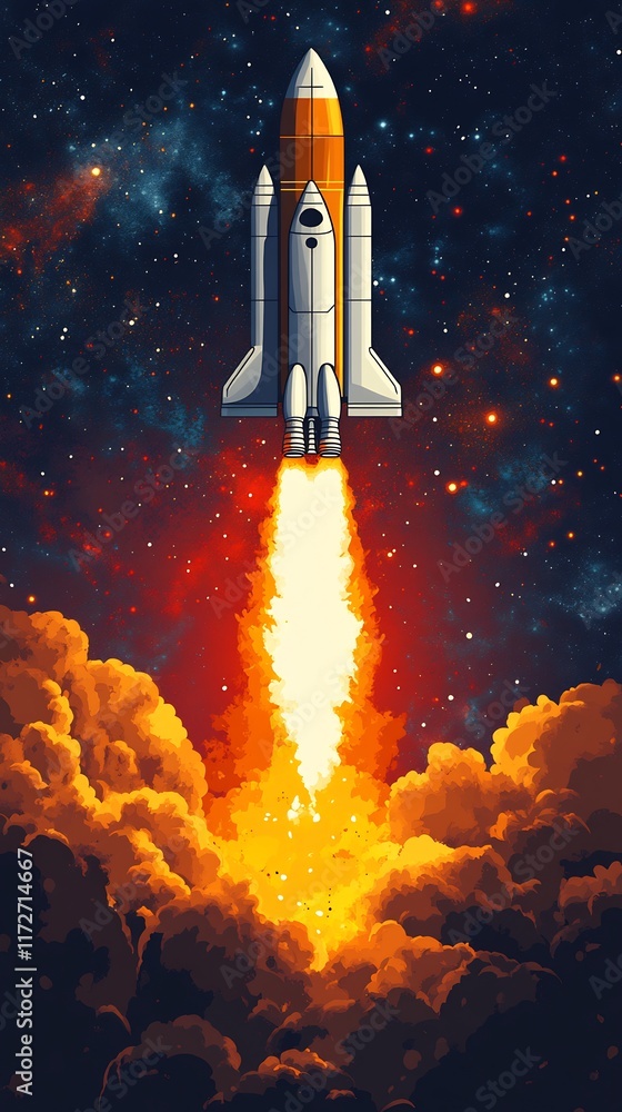 Obraz premium Dynamic Space Shuttle Illustration: Boldly Ascending Through Cosmic Clouds. AI Generated