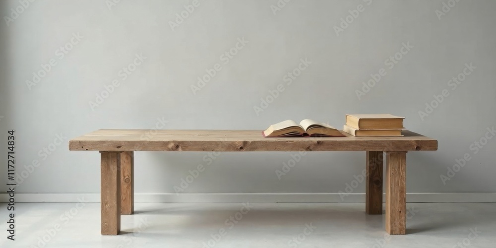 Rustic wooden coffee table with open book and stacked books against a neutral wall Rustic wooden coffee table with open book and stacked books against a neutral wall