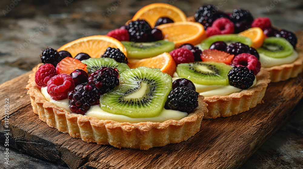Fruit tarts with custard on rustic wood, dark background Fruit tarts with custard on rustic wood, dark background