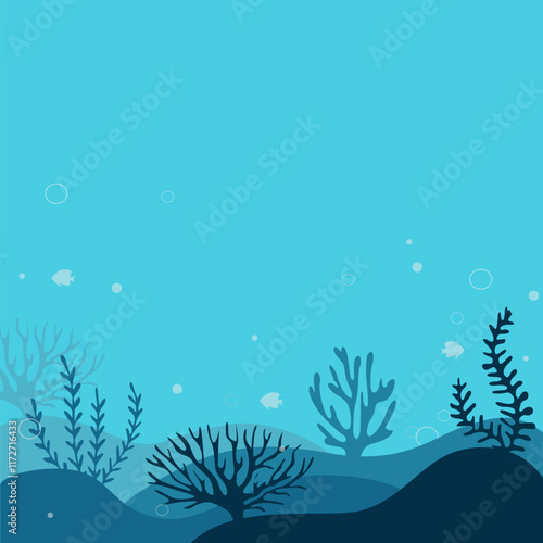 Underwater scene with colorful coral reefs and fish. Cartoon style. Bright blue background. Concept of marine life. Vector illustration