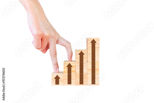 Fingers placed on wooden blocks symbolizing walking up stairs to reach the goal, isolated on white background. Business concept for successful growth process. PNG photo