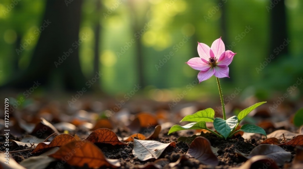 A single pink blossom emerges, bravely pushing through fallen autumn leaves in a sun-dappled forest A single pink blossom emerges, bravely pushing through fallen autumn leaves in a sun-dappled forest