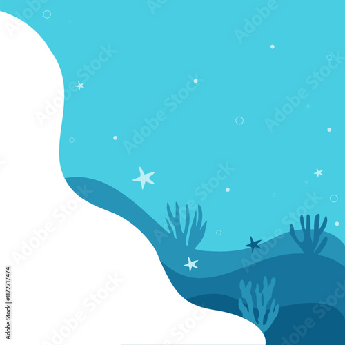 Underwater scene with colorful coral reefs and fish. Cartoon style. Bright blue background. Concept of marine life. Vector illustration