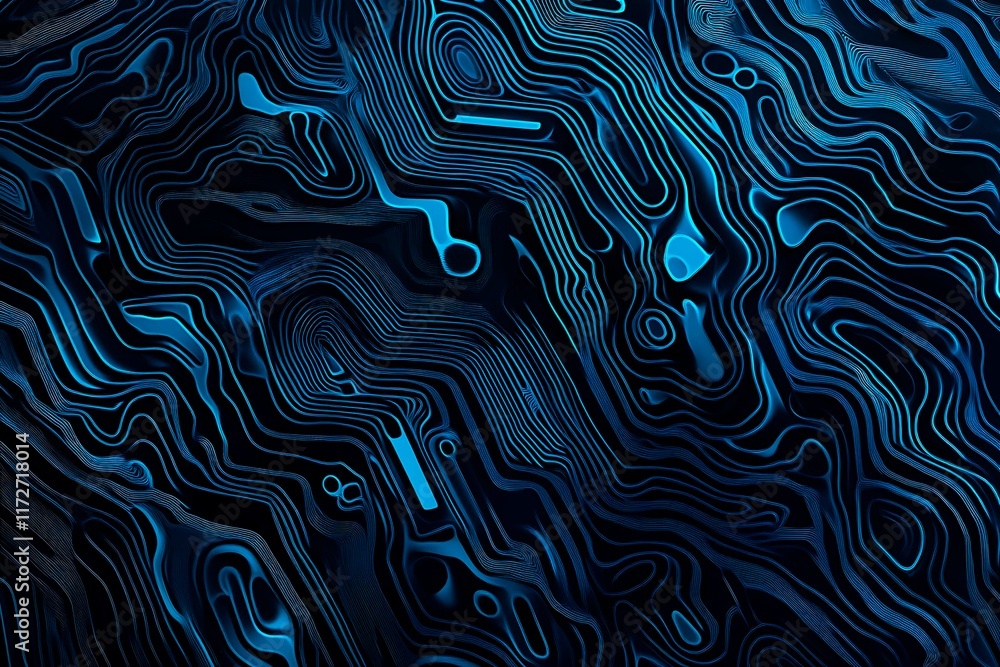 Obraz premium Abstract close-up of a glowing blue digital circuit board, showcasing intricate connections and technological design on a black background. 