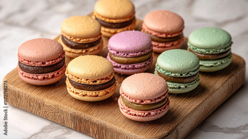 Fototapeta premium Colorful macarons arranged on wooden board, marble background, dessert presentation