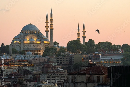 Suleymaniye Mosque at sunset with cityscape. photo