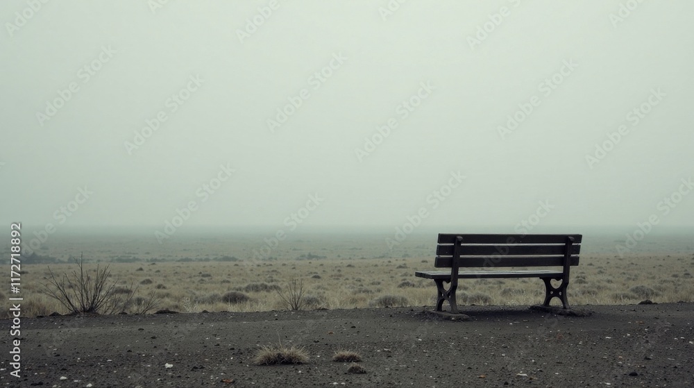 Solitary Bench on Foggy Plain, Contemplation and Serenity Solitary Bench on Foggy Plain, Contemplation and Serenity