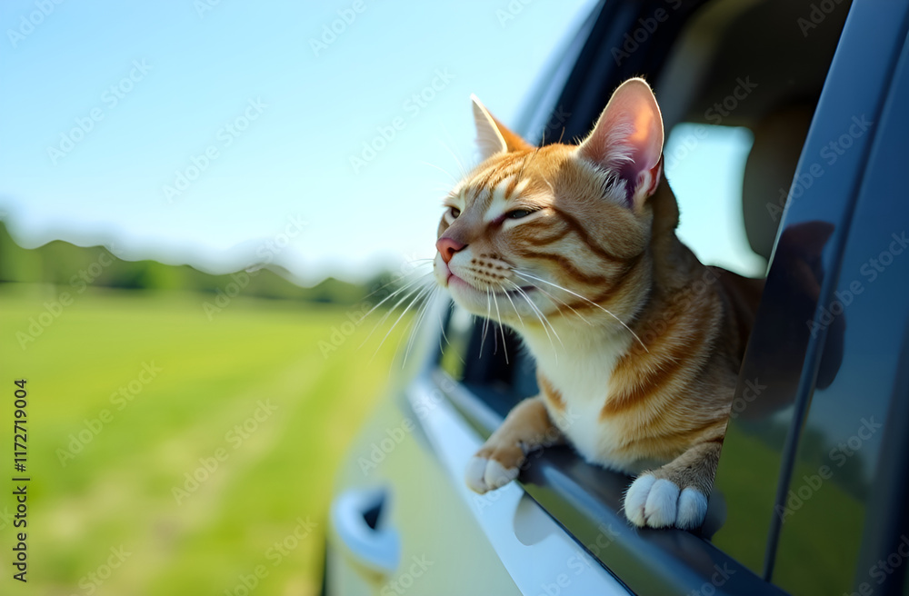 A cute cat joyfully sticking its head out of a car window, enjoying the breeze and scenery on the drive