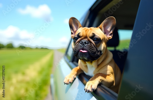 A cute brown and white dog joyfully sticking its head out of a car window, enjoying the breeze and scenery on the drive