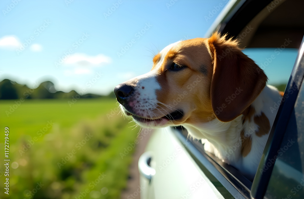 A cute brown and white dog joyfully sticking its head out of a car window, enjoying the breeze and scenery on the drive