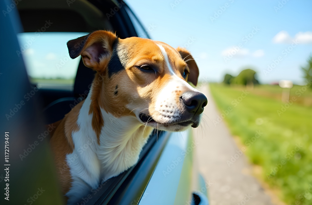 A cute brown and white dog joyfully sticking its head out of a car window, enjoying the breeze and scenery on the drive