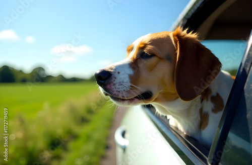 Obraz na płótnie A cute brown and white dog joyfully sticking its head out of a car window, enjoying the breeze and scenery on the drive w salonie