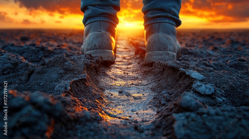 Sunset Field Boots Path Agriculture Soil Dusk. Sunset Field Boots Path Agriculture Soil Dusk.