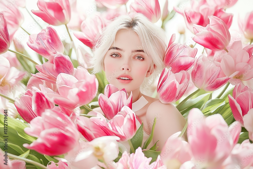 Blonde Beautiful Woman Surrounded by Vibrant Tulips Blonde Beautiful Woman Surrounded by Vibrant Tulips