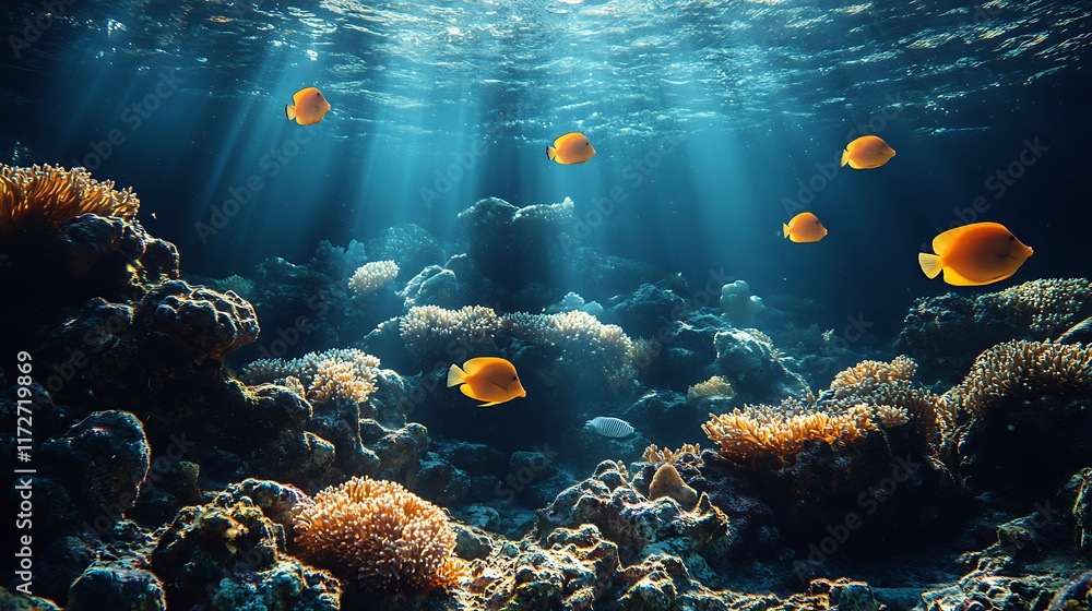 Naklejka premium Vibrant Reef Scene With Yellow Fish And Coral