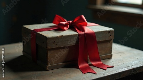 Rustic wooden gift box adorned with a vibrant crimson ribbon, a symbol of heartfelt appreciation