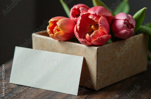 Red tulips and a gift box with an empty postcard. Celebration background photo