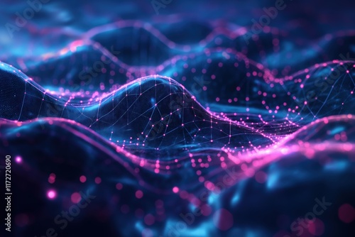 Vibrant 3D abstract rendering of glowing pink and blue grid waves background. Showcasing dynamic patterns, nodes, and connections, representing quantum computing, AI, and futuristic technology.