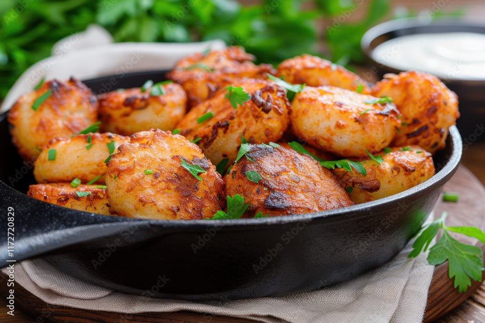 A hearty and rustic skillet of crispy potato bites with charred edges, garnished with fresh parsley, offering a warm and inviting comfort snack or side dish.
A hearty and rustic skillet of crispy potato bites with charred edges, garnished with fresh parsley, offering a warm and inviting comfort snack or side dish.
