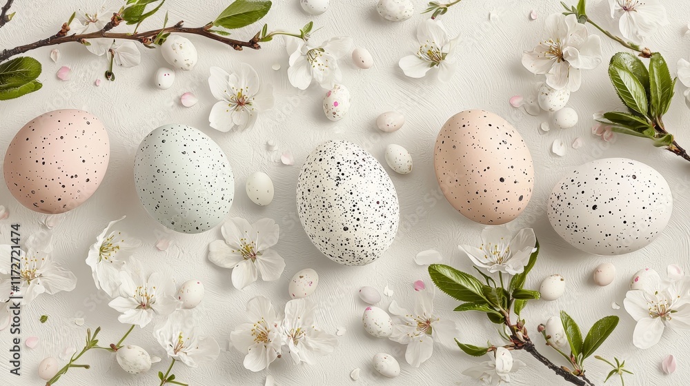 Easter Eggs and Blossom Arrangement on a Bright White Background Easter Eggs and Blossom Arrangement on a Bright White Background