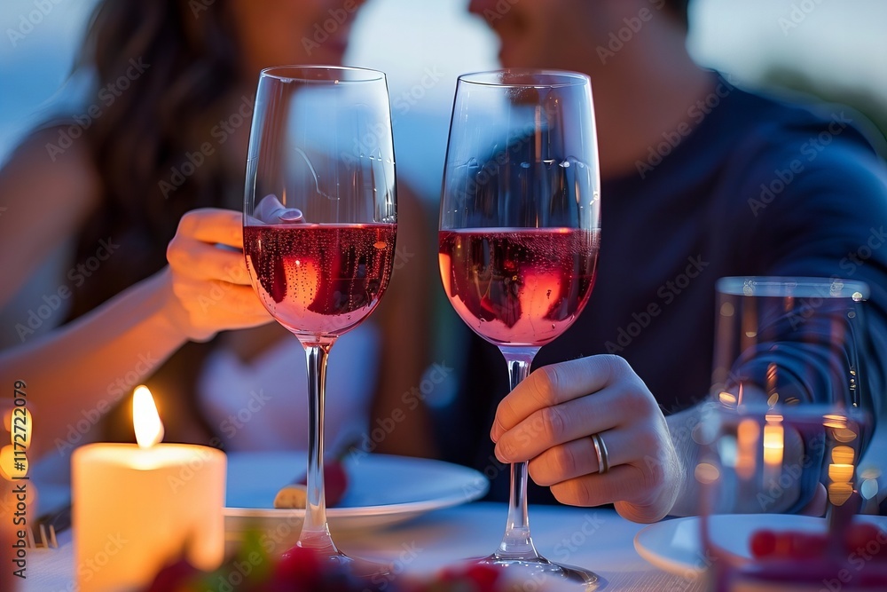 Obraz premium Couple Cheerfully Tossing Wine Glasses at Dinner