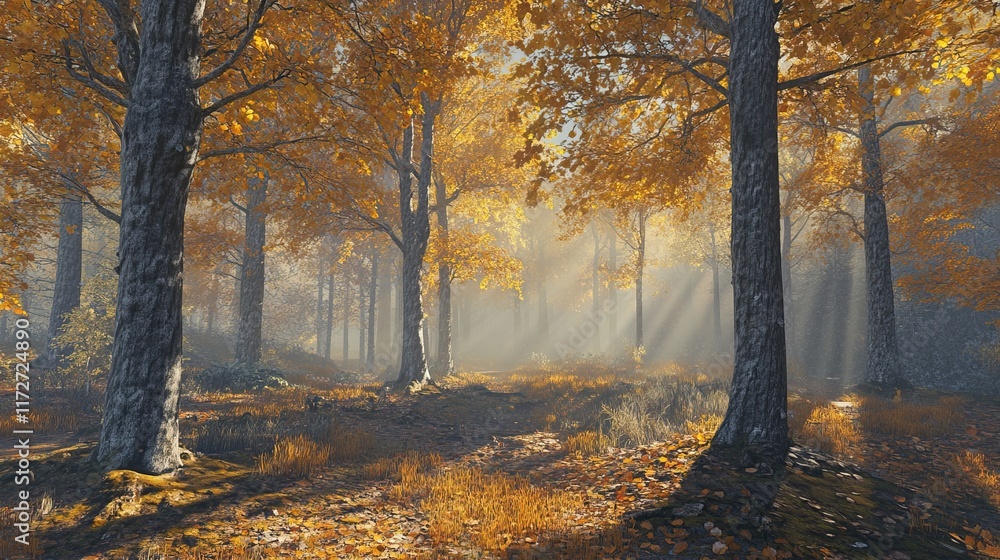 Sunbeams illuminate a misty autumn forest path. (1) Sunbeams illuminate a misty autumn forest path. (1)