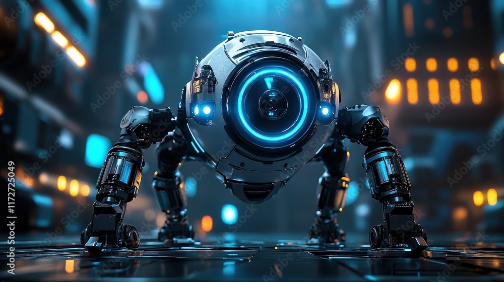 Fototapeta premium Futuristic four-legged robot with glowing blue eye standing in high-tech environment. Advanced robotics and artificial intelligence concept highlighting innovation and futuristic machinery.