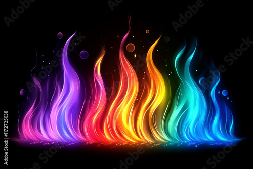 Abstract Neon Flames: Stylized, neon flames of abstract shapes that blend into one another, with iridescent color shifts that give a fluid, ethereal glow. photo