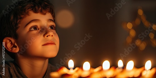 Jewish boy lights the menorah for Hanukkah photo