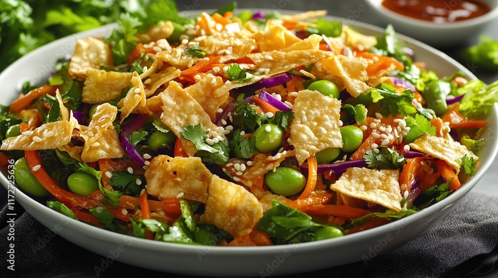 Crunchy Asian salad made with edamame, shredded carrots, purple cabbage, and crispy wonton chips, topped with sesame seeds and fresh herbs, perfect for a flavorful and healthy meal. Crunchy Asian salad made with edamame, shredded carrots, purple cabbage, and crispy wonton chips, topped with sesame seeds and fresh herbs, perfect for a flavorful and healthy meal.