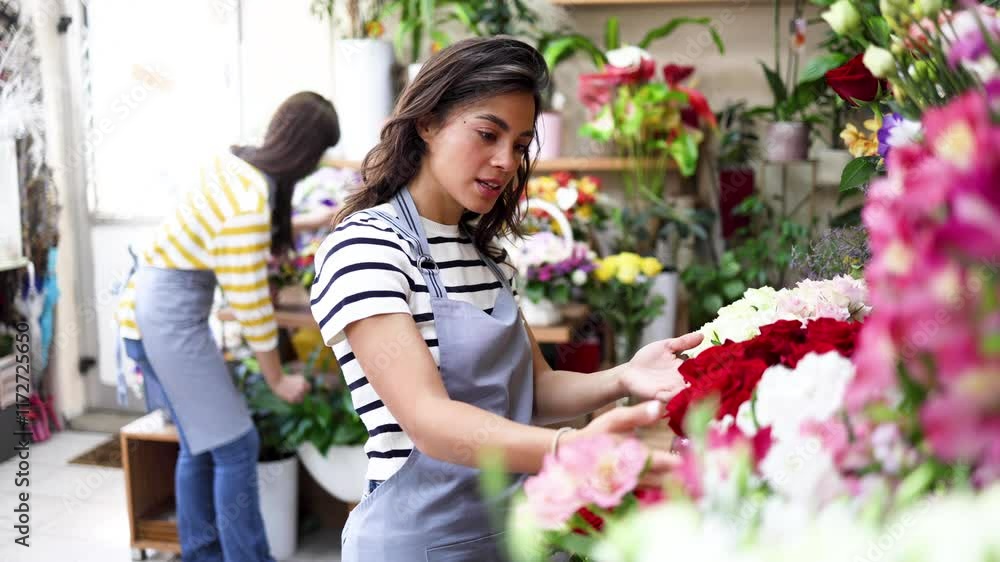 Young florist and her colleague arranging flowers at their flower shop Young florist and her colleague arranging flowers at their flower shop