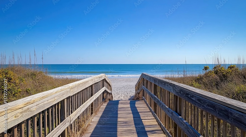A boardwalk view with wooden planks leading to a serene ocean horizon. A boardwalk view with wooden planks leading to a serene ocean horizon.