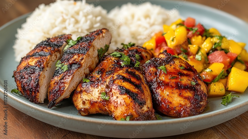 Grilled chicken served with fluffy white rice and fresh mango salsa on a plate, offering a balanced, flavorful meal with a mix of savory and tropical fruity elements. Grilled chicken served with fluffy white rice and fresh mango salsa on a plate, offering a balanced, flavorful meal with a mix of savory and tropical fruity elements.