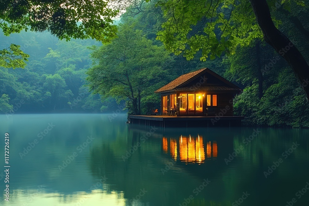 Tranquil Cabin Perched on the Edge of a Glistening Lake Surrounded by Lush Greenery at Dusk, Creating a Peaceful Atmosphere Tranquil Cabin Perched on the Edge of a Glistening Lake Surrounded by Lush Greenery at Dusk, Creating a Peaceful Atmosphere