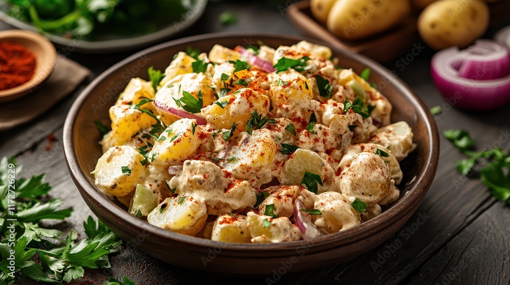 Creamy potato salad with red onion, fresh parsley, and paprika served in a rustic bowl, offering a flavorful, comforting side dish perfect for family meals or festive gatherings. Creamy potato salad with red onion, fresh parsley, and paprika served in a rustic bowl, offering a flavorful, comforting side dish perfect for family meals or festive gatherings.