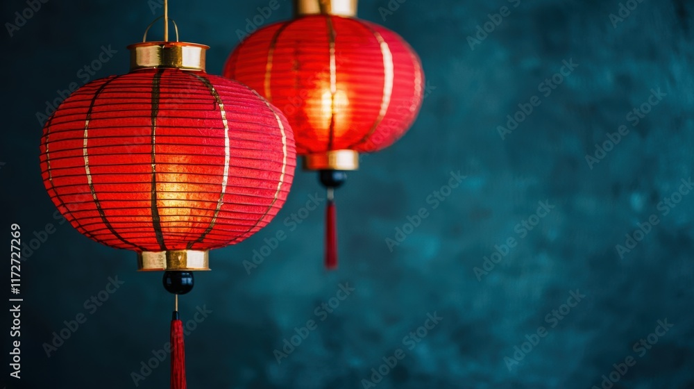 Fototapeta premium Red lanterns glowing against dark blue background symbolizing lunar new year