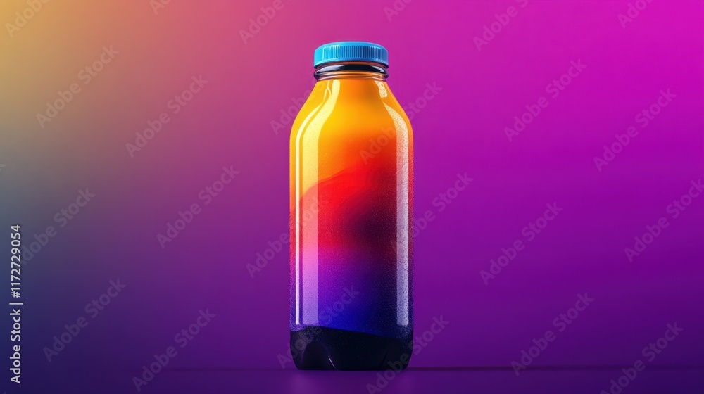 Vibrant energy drink bottle with sleek design on a gradient purple background Vibrant energy drink bottle with sleek design on a gradient purple background
