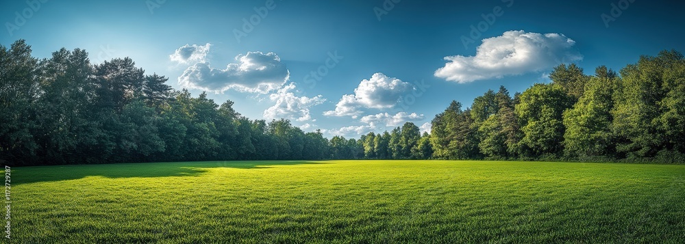 Obraz premium A large field of grass with two trees in the foreground and a clear blue sky