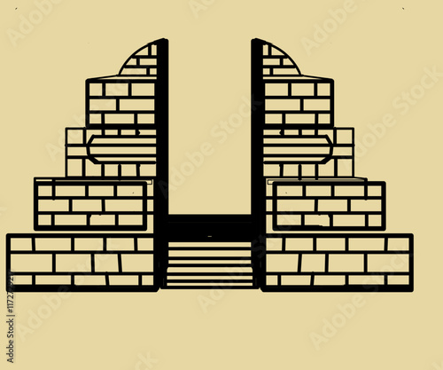 Illustration design of a gate building with steps in the center