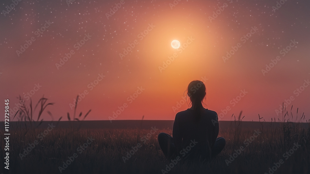 Silhouette of a person meditating at sunset with starry sky background
Silhouette of a person meditating at sunset with starry sky background