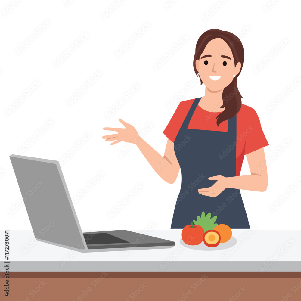 Smiling woman with kitchen utensils look out of laptop screen. Flat vector illustration isolated on white background Smiling woman with kitchen utensils look out of laptop screen. Flat vector illustration isolated on white background