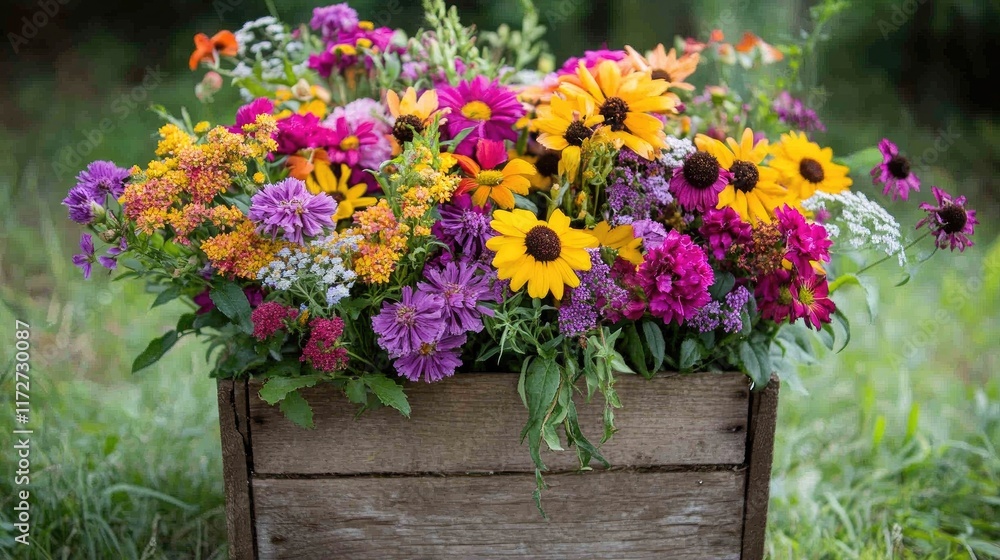 A colorful arrangement of summer flowers in a rustic wooden basket on a sunny day. A colorful arrangement of summer flowers in a rustic wooden basket on a sunny day.